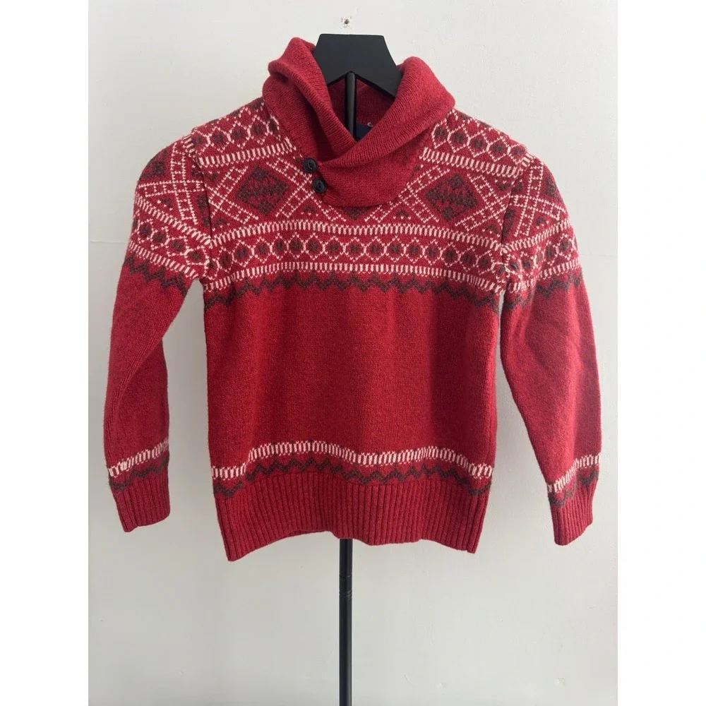 GAP Kids‎ Boys Christmas Holiday Sweater Size 8-10 Red Fair Isle Shawl Collar